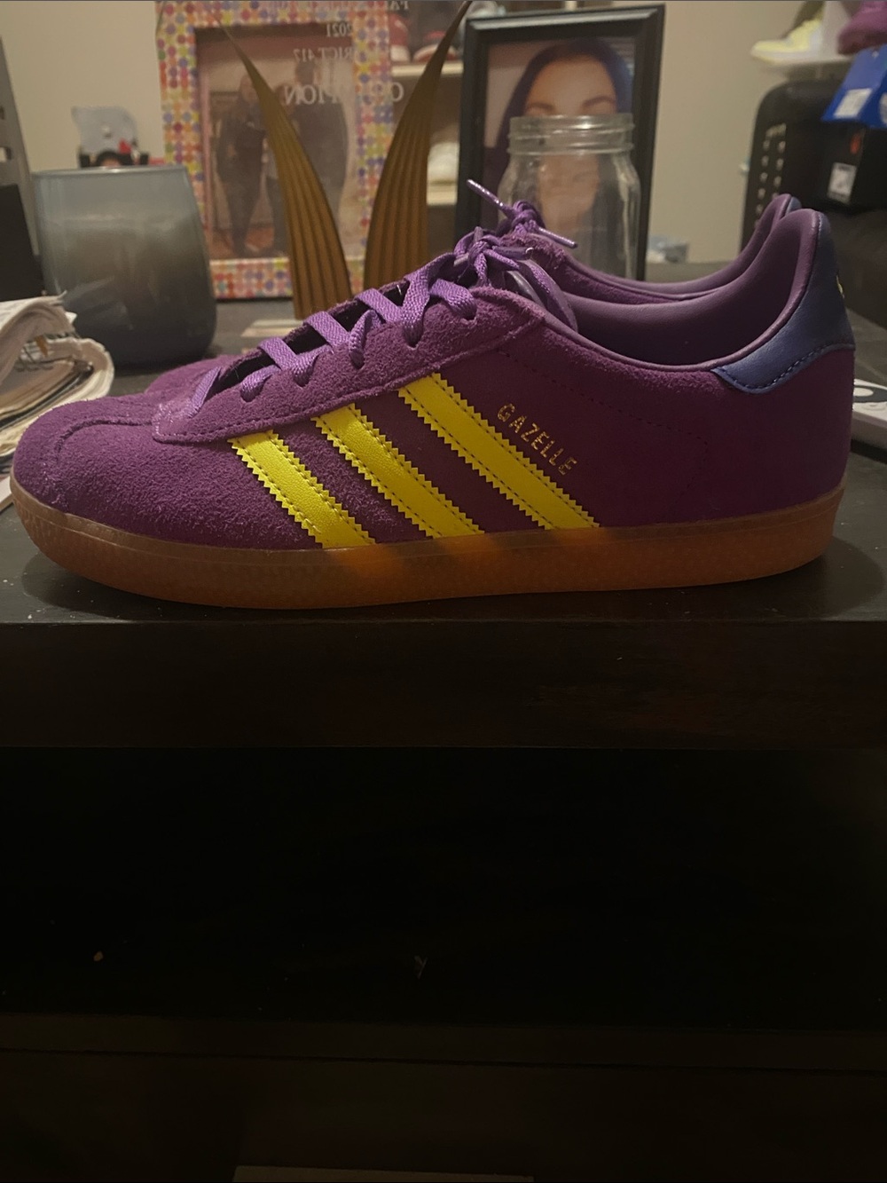 adidas Gazelle Purple Suede Sneakers with Yellow Stripes